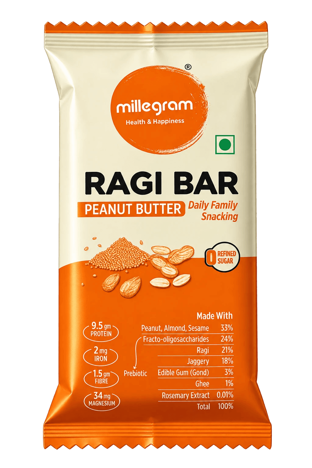 Millegram Ragi Bar — Peanut Butter (Pack of 12 × 30 g)