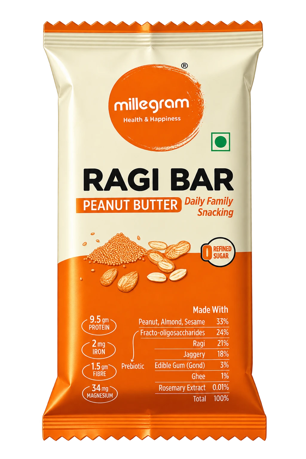 Millegram Ragi Bar — Peanut Butter (Pack of 12 × 30 g)